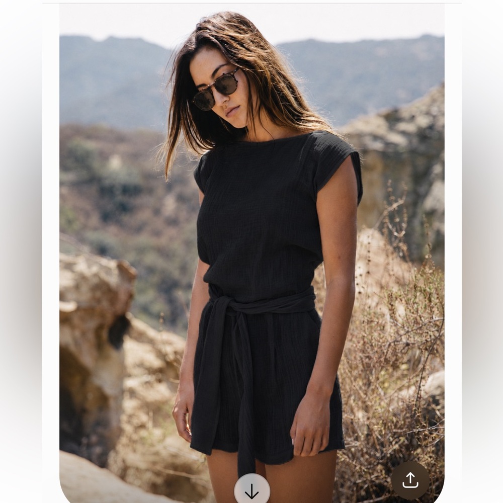 OZMA black linen playsuit romper with tie belt